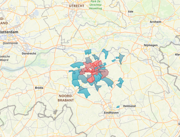 Weergave van verhuisbewegingen 2021 van 's-Hertogenbosch naar omliggende dorpen. Bron: NVM